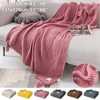 Tassels Knitted Waffle Blanket Soft Warm Sofa Bed Throw Travel Blankets Large UK • £20.03