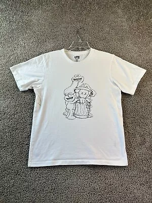 Uniqlos Sesame Street Shirt Mens Medium White Black Elmo KAWS Short Sleeve FLAW • $21.99