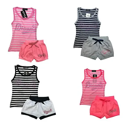 £5.99 • Buy Girls Vest Top And Shorts Outfit Kids Summer Set Blue Pink 2 Piece Diamante