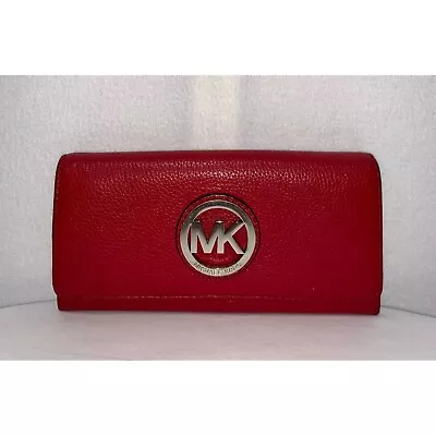 Michael Kors Pebbled Leather Carryall Clutch Wallet Red Silver • $37.99