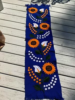 Girasoles Sunflower Mexican Embroidered Table Runner Chiapas 62x16 Blue 1865 • $59