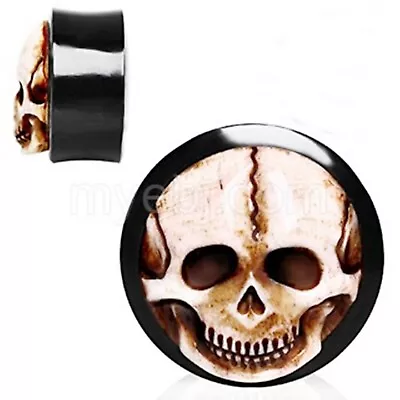 PAIR-Horn W/Bone Skull Saddle Flare Ear Plugs 10mm/00 Gauge Body Jewelry • $13.99