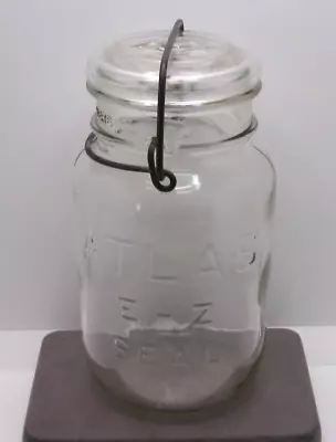 Vintage ATlas E-Z Seal Clear Glass Quart Canning Jar W/Wire Bail & Lid • $9.95