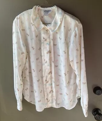 Vintage White Bow Print Blouse Button Up Peter Pan Collar Pink Blue Girly • $18