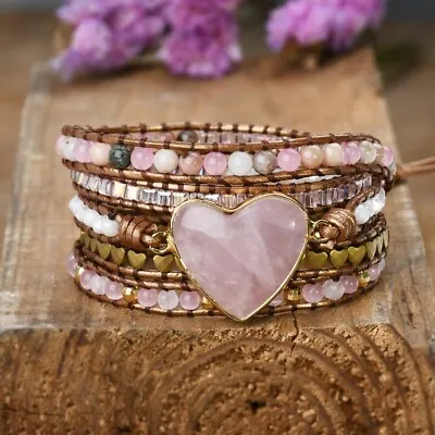 Rose Quartz Bohemian 5 Strands Pink Heart Charm Handmade Healing Wrap Bracelet • $20.98