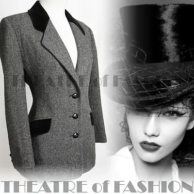 £275 • Buy JACKET COAT 10 12 VINTAGE 40s HERRINGBONE TWEED 30s 50s EQUESTRIAN VELVET