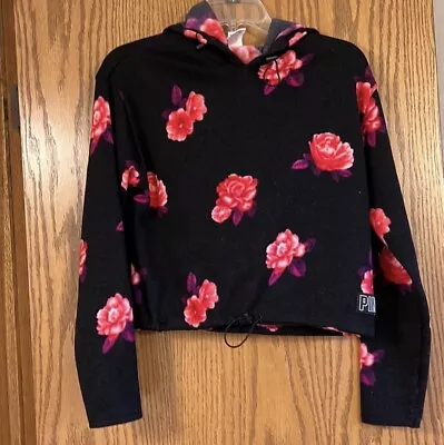 PINK By Victoria's Secret Cropped Hooded Sweater Black Pink Flowers Ladies XS • $10.99