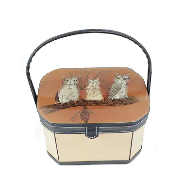 Vtg 70s Mid Century Modern MCM Wood Leather Handle Owl Vanity Case Makeup Bag • $127.46