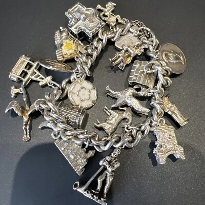 £48 • Buy VINTAGE SOLID SILVER CHARM BRACELET 18 CHARMS 65.7g
