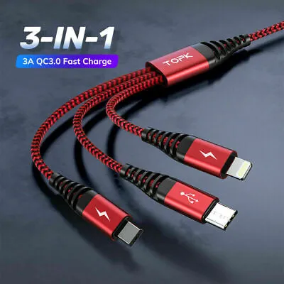 £4.79 • Buy Universal 3 In 1 Multi USB Cable Fast Charger Lead For IOS, Samsung Phone