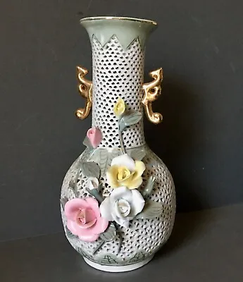 £55 • Buy Antique/Vintage Chinese Porcelain Reticulated Vase Lamp Base  Roses Capodimonte