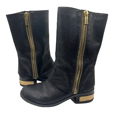 Vince Camuto Winivie Black Midcalf Leather Boots Gold Heels 7.5M • $45.12