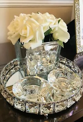 Large Round Mirror Diamante Candle Plate Tray Jewel Mirrored Candle Tray Plate • £13.99