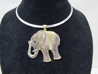 VINTAGE Silver Tone Collar Necklace With Silver Tone & Brass Elephant Trunk Up • $20