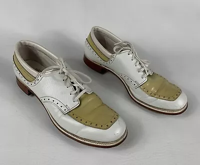 VTG Lazy Bones Tan & White Saddle Shoes Leather Size 8 Runs Small Made In USA • $29.95