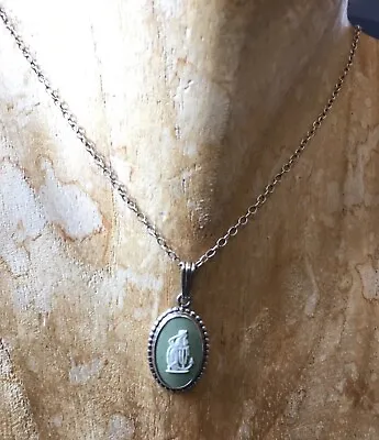 £24 • Buy Vintage Sterling Silver J Wedgwood Sage Green Jasper Ware Cameo Necklace & Chain