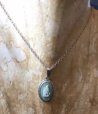 £24 • Buy Vintage Sterling Silver J Wedgwood Sage Green Jasper Ware Cameo Necklace & Chain