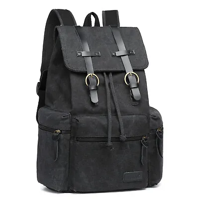 Men's Camping Canvas Shoulder Bag Rucksack Satchel School Bag Backpack Black • £13.96