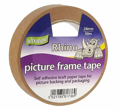 Rhino Brown Paper Picture Frame Tape 24mm X 50m - Framing Adhesive Roll • £5.59