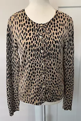 J CREW Womens CARDIGAN Sweater Long Sleeve BLACK Beige Animal Print WOOL Size M • $19.99
