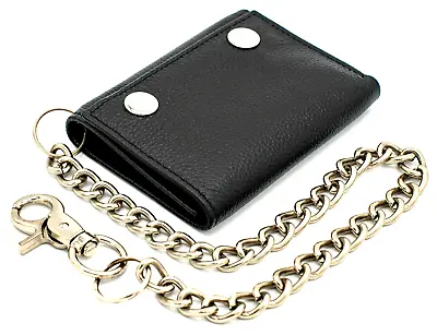RFID Leather Trifold Chain Wallet For Men With Snaps Black Biker YKK Zip J110 • $29.99