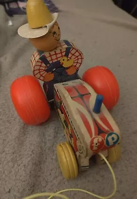 Vintage Fisher Price Wooden Tractor With Farmer Pull Toy #629 1961 GREAT SHAPE • $29.99