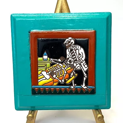 Day Of The Dead Mexican Tile Trivet In Wood Frame Dentist Skeleton 6 3/4  Square • $16.80