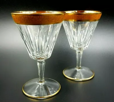 Vintage Set Of 2 Italian Made Cut Crystal 22 Karat Gold Sugar Rim 4.25  Glasses  • $27.95