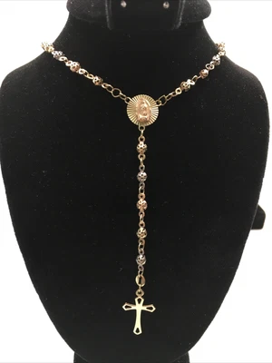 $890.99 • Buy 10K Tricolor Gold Virgin Mary Catholic Rosary Beads Chain Necklace W/Cross Charm