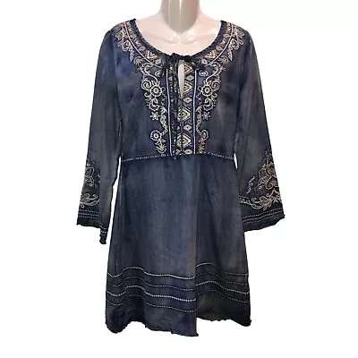 Monoreno Womens Small Blue Chambray Denim Embroidered Lagenlook Dress S • $19.95