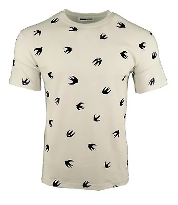 £72 • Buy Mcq Flocked Swallow Velour T-shirt White Navy Alexander Mcqueen Blue Bird Print