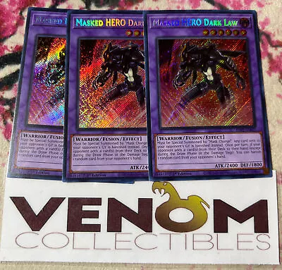 3x (M/NM) - Masked HERO Dark Law - RA01-EN025 - Secret Rare - 1st Edition YuGiOh • $5.98