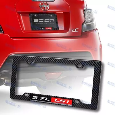 Carbon Look ABS License Plate Tag Frame Cover With 5.7L LS1 Car Emblem Decal X1 • $10.18