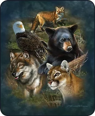 Animal Collage Wolf Eagle Bear Fox Cat Art Mink Faux Fur Soft Blanket Queen Full • $59.99