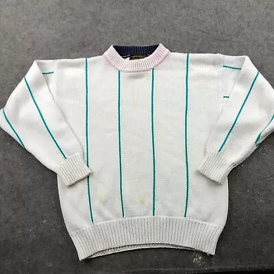 Vintage Eddie Bauer Sweater Men Medium White Blue Crewneck Knit Hiking Outdoors* • $28.98