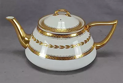 Minton For Tiffany & Co Raised Gold Laurel Leaves & White Bone China Teapot • $695