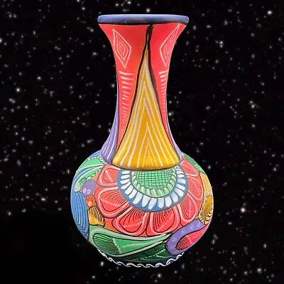 Mexico Folk Art Pottery Vase Vessel Hand Painted Redware Tonala 6”T 2”W • $29.70