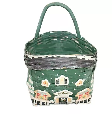 Woven Basket With Handle Christmas House Green Snow Hand Painted • $8.99