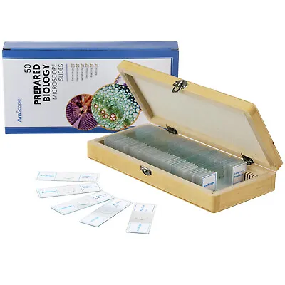 AmScope PS50 50pc Homeschool Biology Prepared Microscope Glass Slides • $29.99