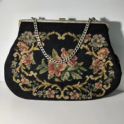 Large Black Pink Floral Needlepoint Tapestry Wool Purse Handbag Roses Vintage ￼ • $35