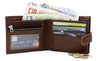 £7.99 • Buy Mens RFID Safe Blocking Leather Wallet Zip Coin Pocket Pouch ID Window 42 Brown