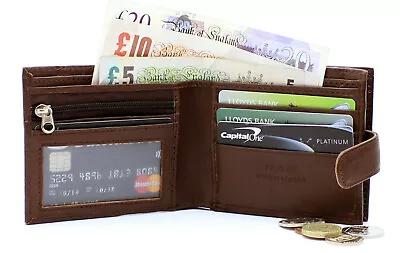 Mens RFID Safe Blocking Leather Wallet Zip Coin Pocket Pouch ID Window 42 Brown • £7.99