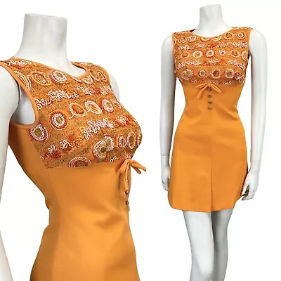 £60 • Buy VINTAGE 60s 70s ORANGE GOLD EMBROIDERED MINI MOD DRESS 8 10
