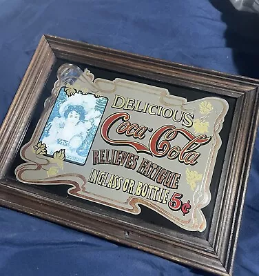 Coca-Cola Pub Mirror Sign Vintage Wooden Frame Man Cave Bar Advert • £20