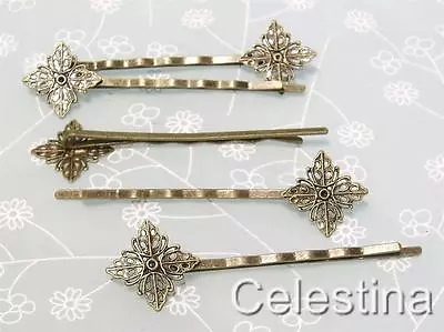 6 X Antique Bronze Filigree Hair Clips Diamond Shape Bobby Pins Slides BLANKS • £1.52