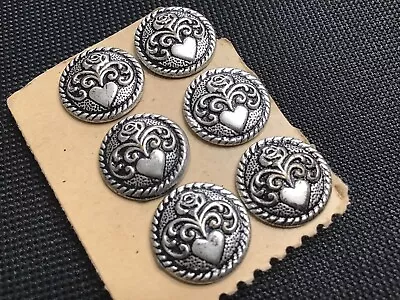 Vintage Lot Of 6 Metal Silver Tone Heart & Rose Buttons With Shank On Back (NEW) • $4.99