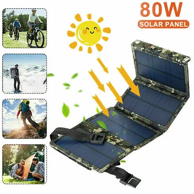 80W USB Solar Panel Folding Phone Charger Power Kit Bank Outdoor Camping Hiking  • £19.19