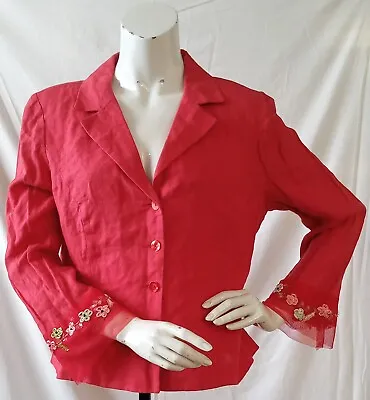 £15 • Buy Renato Nucci Red 100% Linen Cropped Jacket With Embroidered Cuffs UK Size 16
