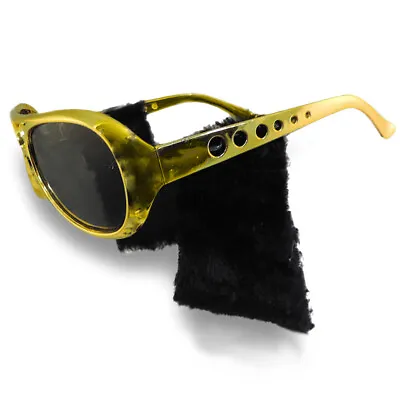 Elvis Presely Sunglasses With Sideburns Gold Costume Glasses Dark Lenses • $7.99