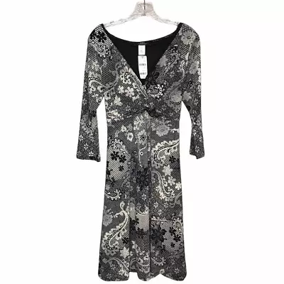 Women's NWT B.Moss Stretch Jersey V-Neck Black White Floral Dress Large • $24